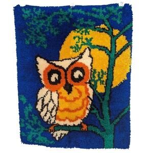 Vintage latch hook wall hanging decor orange yellow owl moon blue night sky